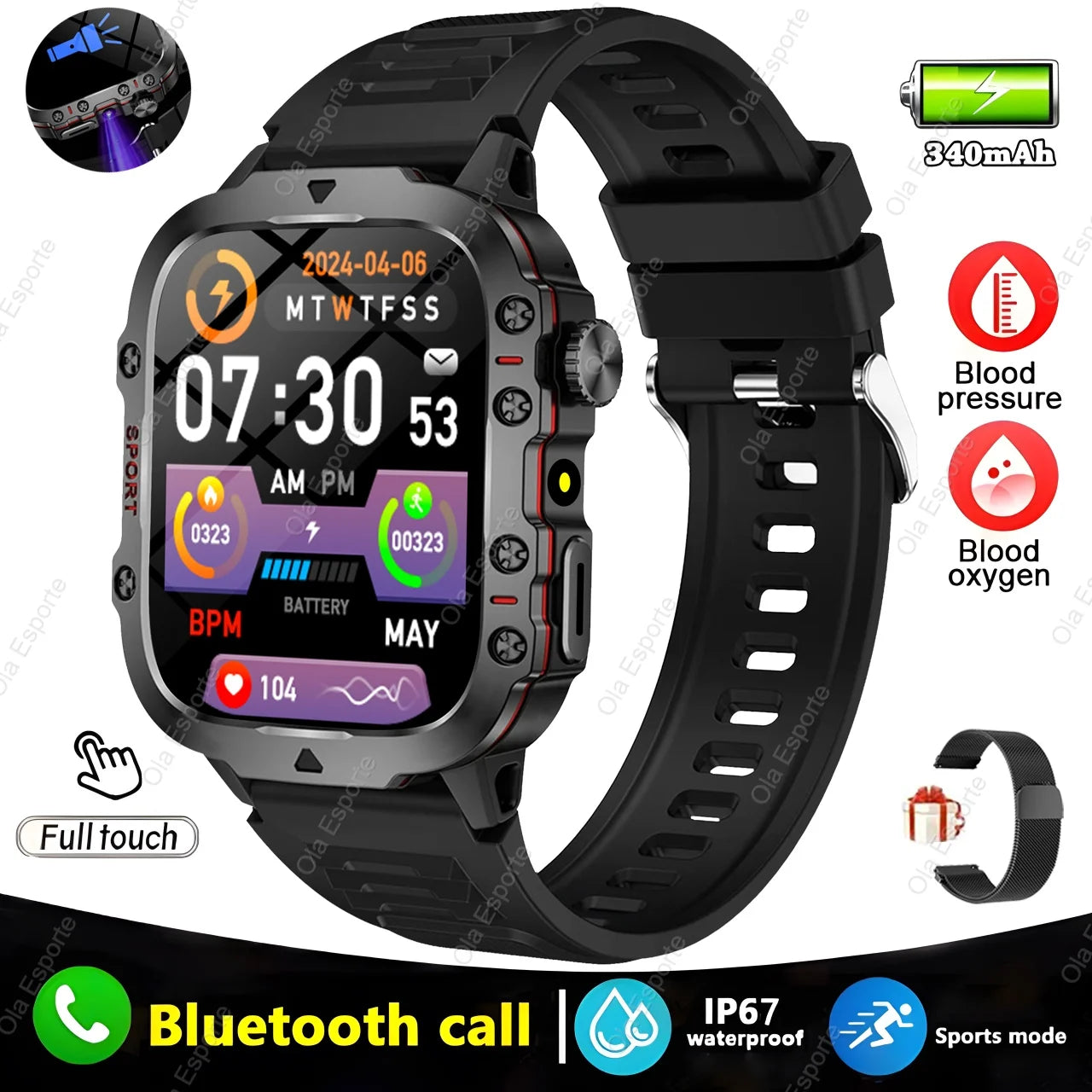 Smartwatch - Flashlight, Bluetooth, & Fitness - Waterproof for Android & IOS 