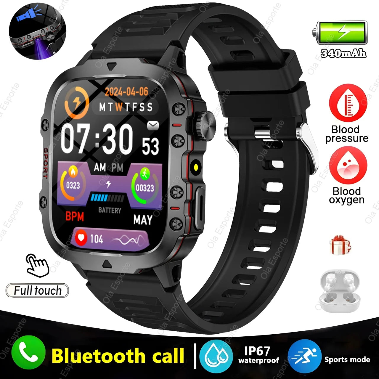 Smartwatch - Flashlight, Bluetooth, & Fitness - Waterproof for Android & IOS 